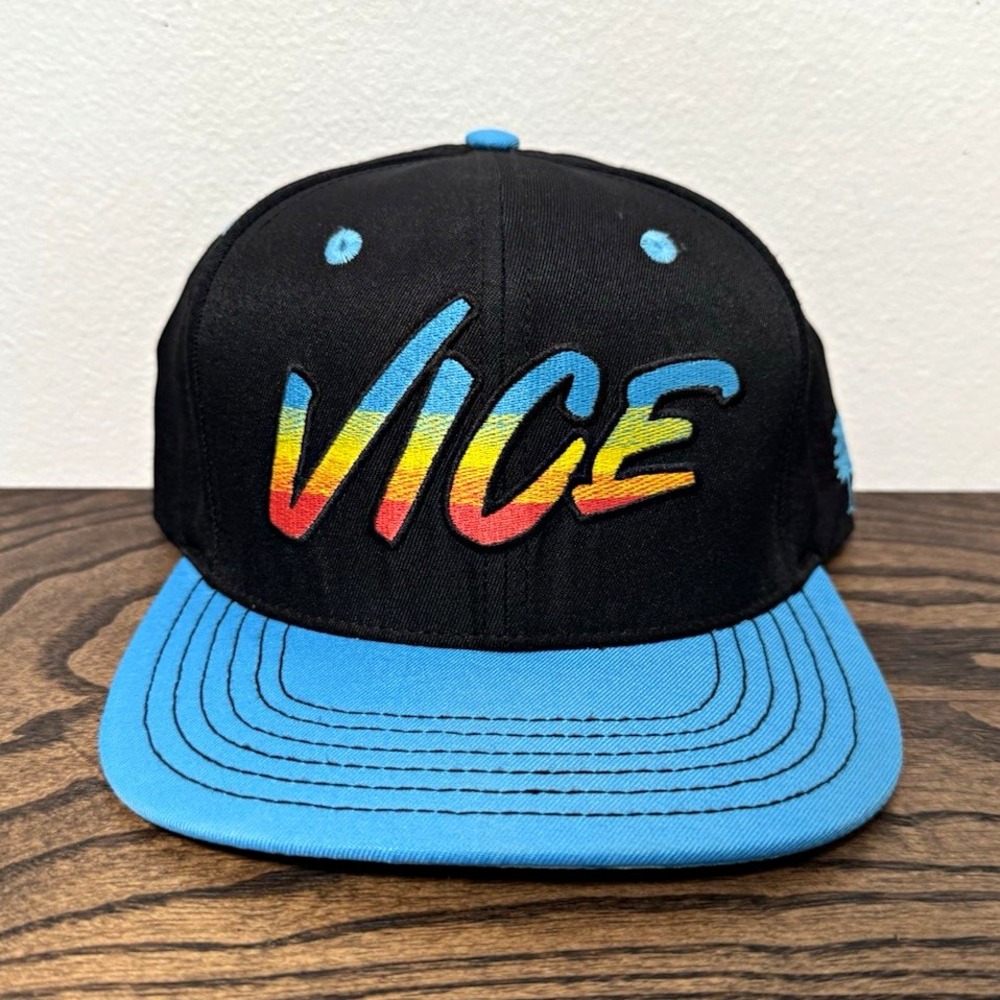 Oak and Marble Vice SnapBack Hat Black Blue Satin Lined Palm Leaf Flat Brim Cap
